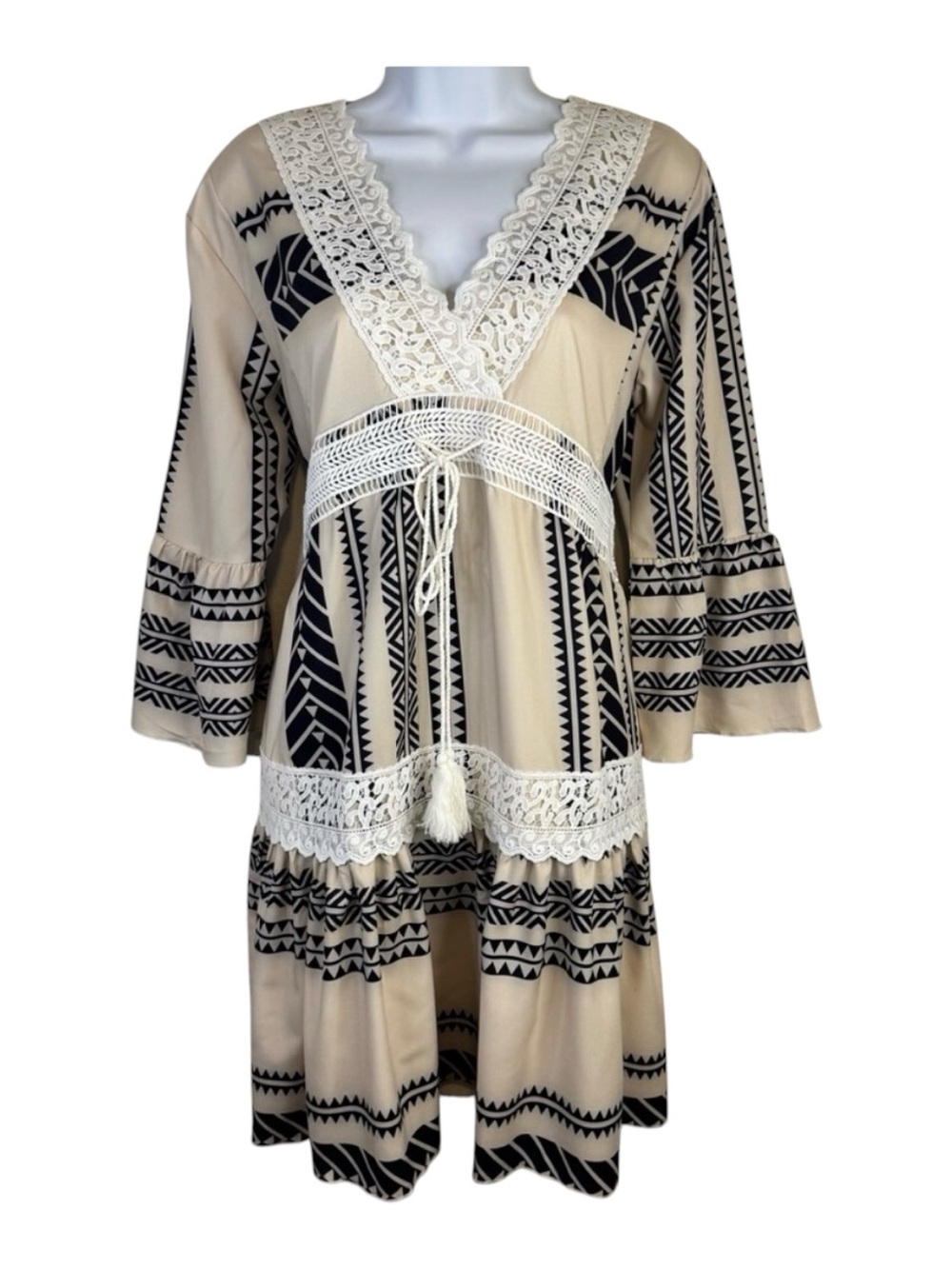 NWT Boho Cream and Black Dress with Lace Details V-neck Long Bell Sleeve SzM